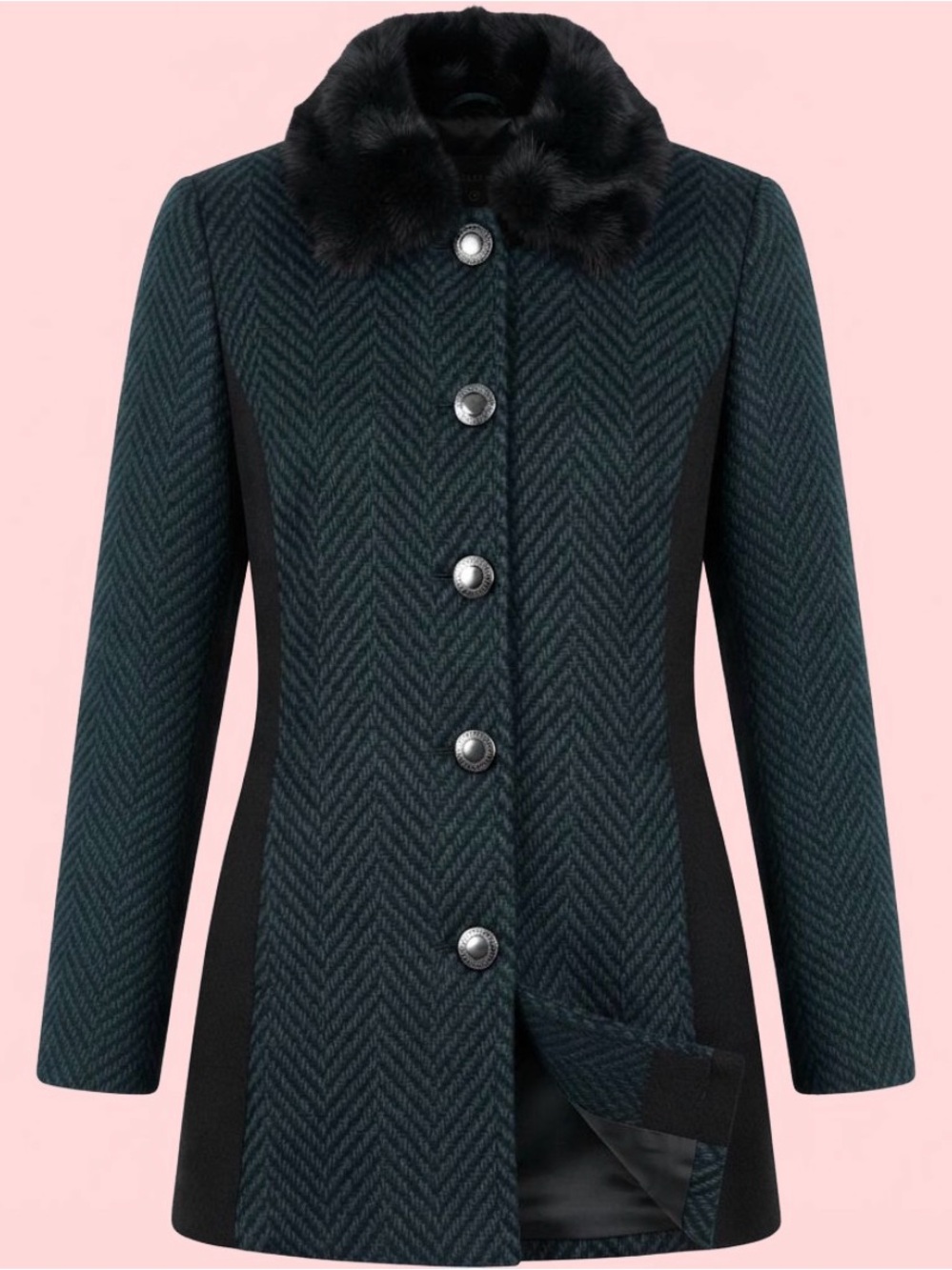 🖤 Bob Mackie Wearable Art Teal Herringbone Faux Fur Collar Coat XL 🖤